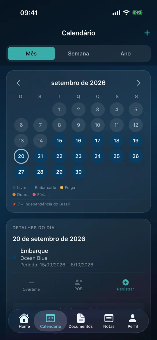 Calendário de escala com período de embarque e detalhes do dia