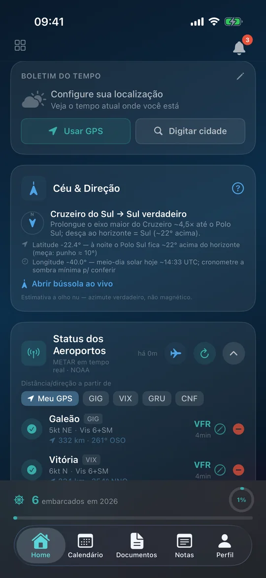 Boletim do tempo, Céu e Direção com o Cruzeiro do Sul e status METAR dos aeroportos
