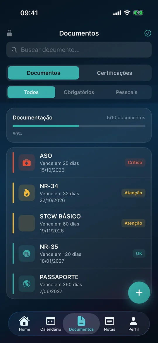 Documentos: ASO crítico em 25 dias, NR-34, STCW, NR-35 e passaporte com dias restantes