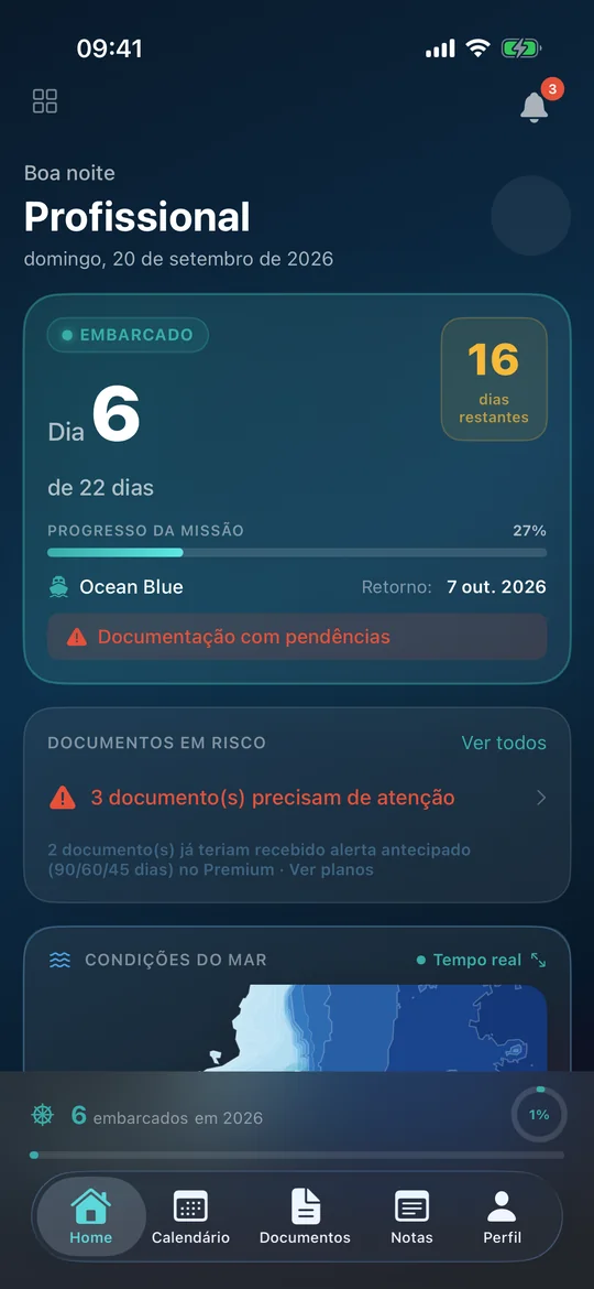 Tela inicial do OffshorePro: dia 6 de 22 embarcado, documentos em risco e condições do mar