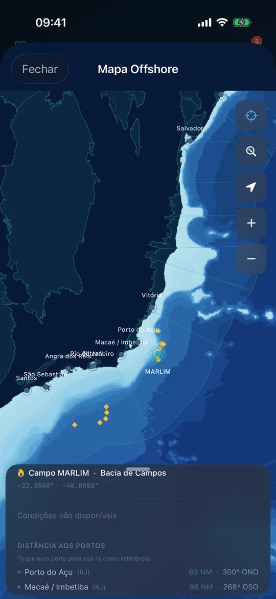 Mapa Offshore offline com batimetria, campo de Marlim na Bacia de Campos e distâncias aos portos