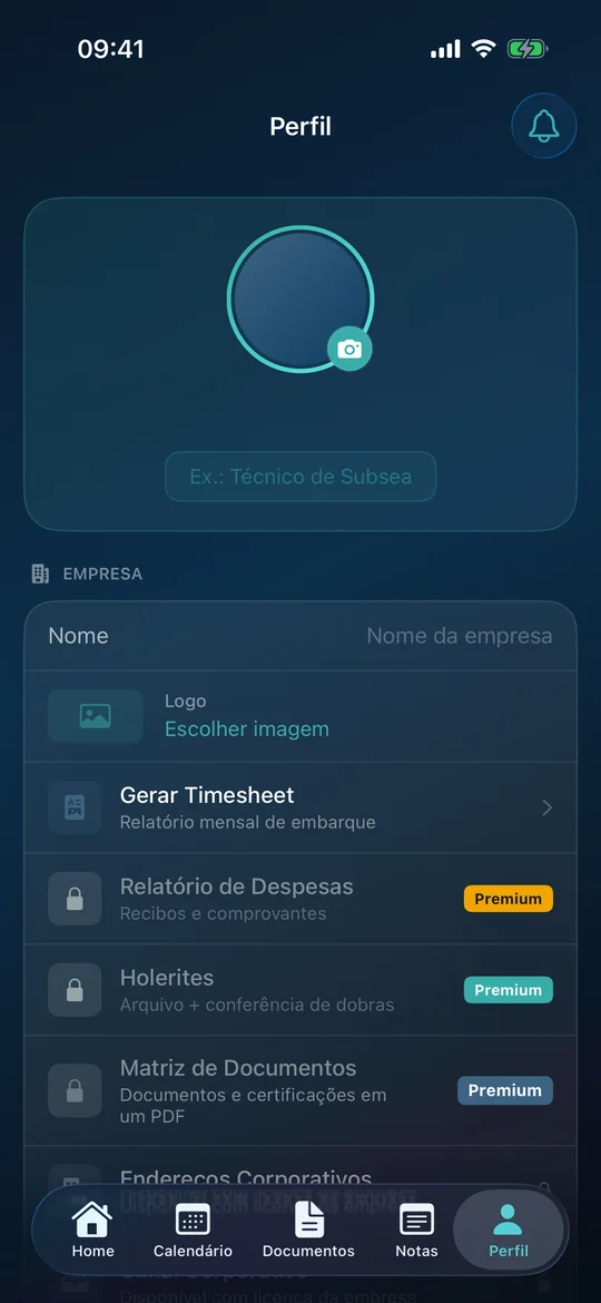 Perfil com foto, empresa e PDFs de timesheet, despesas e holerites